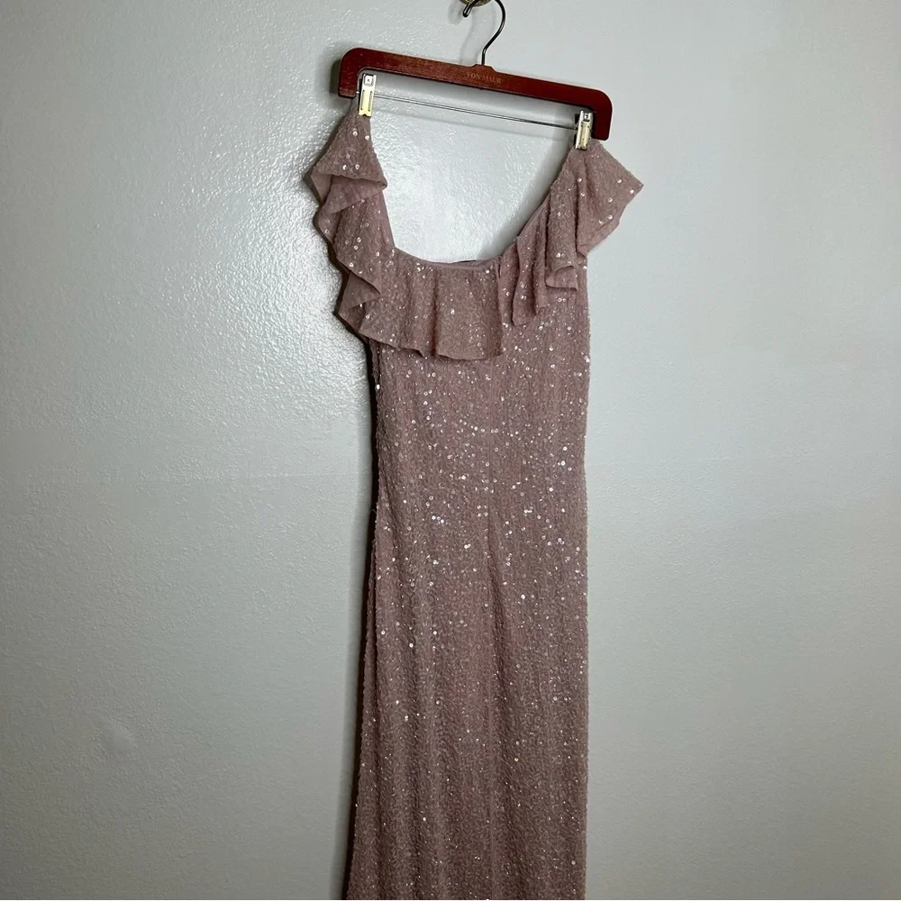 Mac Duggal One Shoulder Asymmetrical Sequin Gown Pink 8
